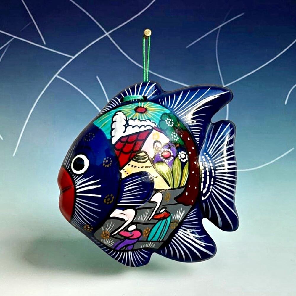 Hand Painted Mexican Terracotta Fish Hanging Wall Decor Multicolor Glossy Finish